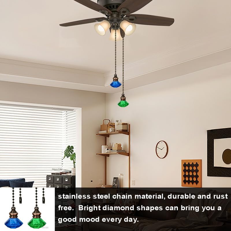 2pcs Crystal Diamond Ceiling Fan Pull Chain Ornament, 12" Ball Chain Blue & Green Fan Light Pulls Decorative Extension with Connector