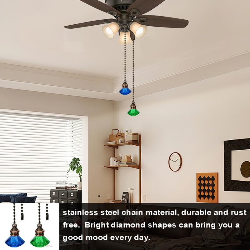 Image of Crystal Diamond Ceiling Fan Pull Chain Ornament, 12 inch Ball Chain Blue & Green Fan Light Pulls Decorative Extension with Connector