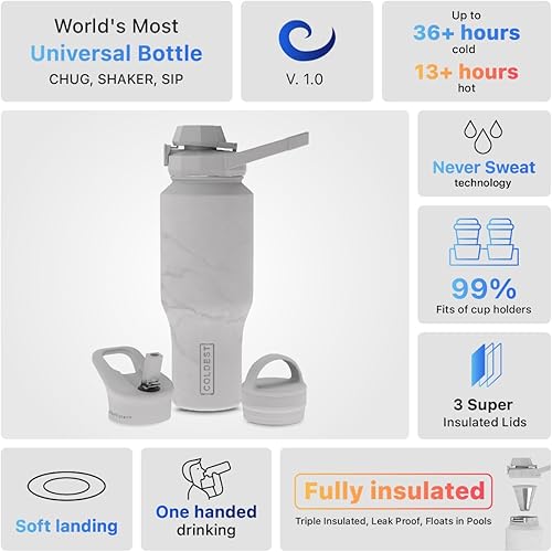 Miniatura 10 de COLDEST - Botella deportiva de 3 tapas (con pico, con pitillo y con asa), vaso con aislamiento al vacío, de acero inoxidable, se adapta a la tapa