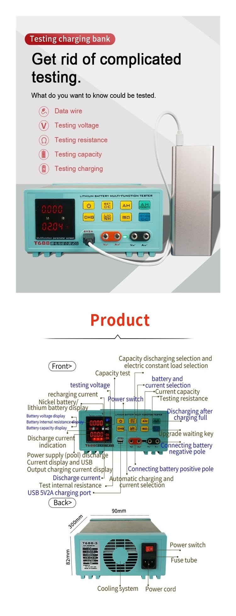Tester Baterii, Pojemność Baterii Litowej T688 Starzejący Się Przyrząd Rozładowujący Elektroniczny Tester Rezystancji Wewnętrznej Przyrządu Obciążeniowego(36V)