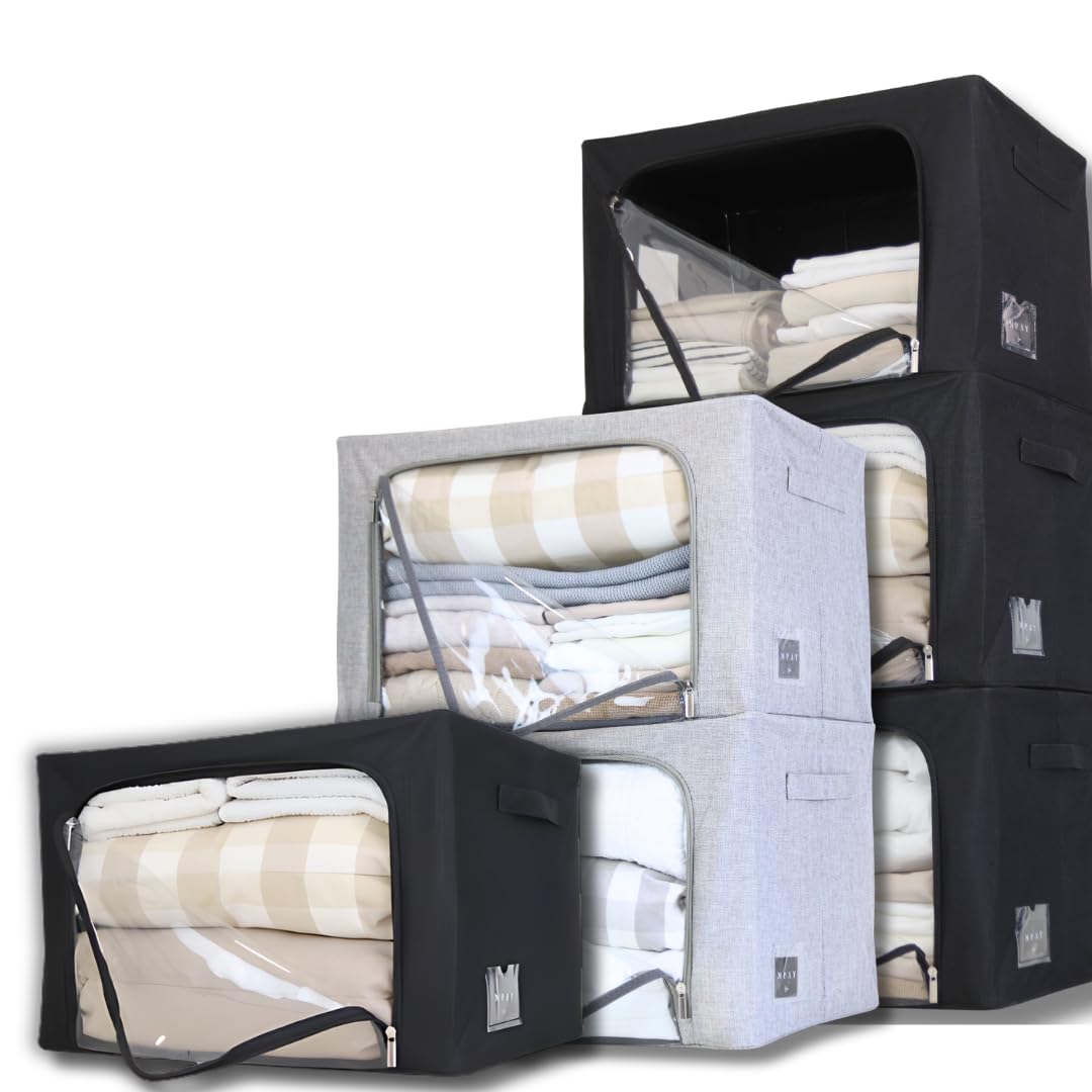 MUAY Cajas almacenaje ropa + Organizador Armario + Marco metal + Etiqueta Clasificación + Cajas Rígidas Tela Guardar Ropa | Almacenaje práctico y Elegante | Organiza Siendo Eficaz. (1 X 66L)