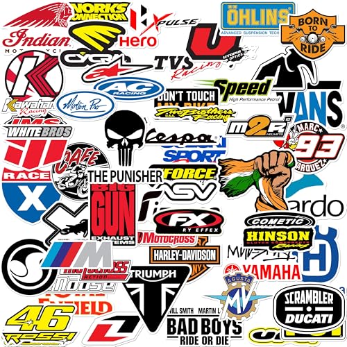 Image of WallDesign Ultimate Motorcycle Racing Stickers (Collection of 54) - Glossy Laminated Vinyl Decals - Scratchproof & Weatherproof Self-Adhesive Graphics for Helmets, Laptops, Bikes & Gifting, 2.5 Inch