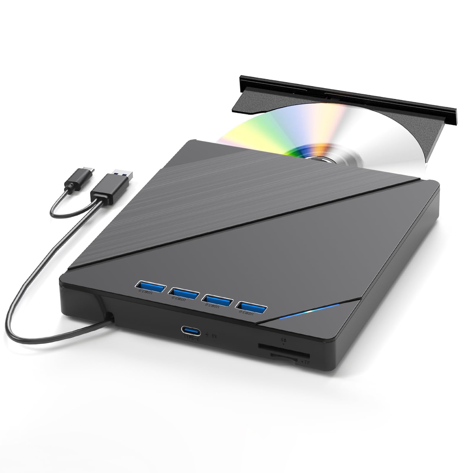 Lecteur Blu-ray externe 7 en 1 USB 3.0 Type-C, compatible avec lecteur Blu-ray externe BD DVD CD 100 Go, lecteur Bluray ultra fin avec port TF/SD, compatible avec Windows XP/7/8/10/11 Mac