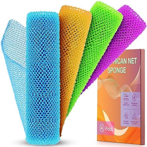 4 Pieces African Net Sponge African Exfoliating Net African Net Long Net Bath Sponge Exfoliating Shower Body Scrubber Back Scrubber Skin Smoother,Great for Daily Use (Pink, Green, Yellow, Blue)