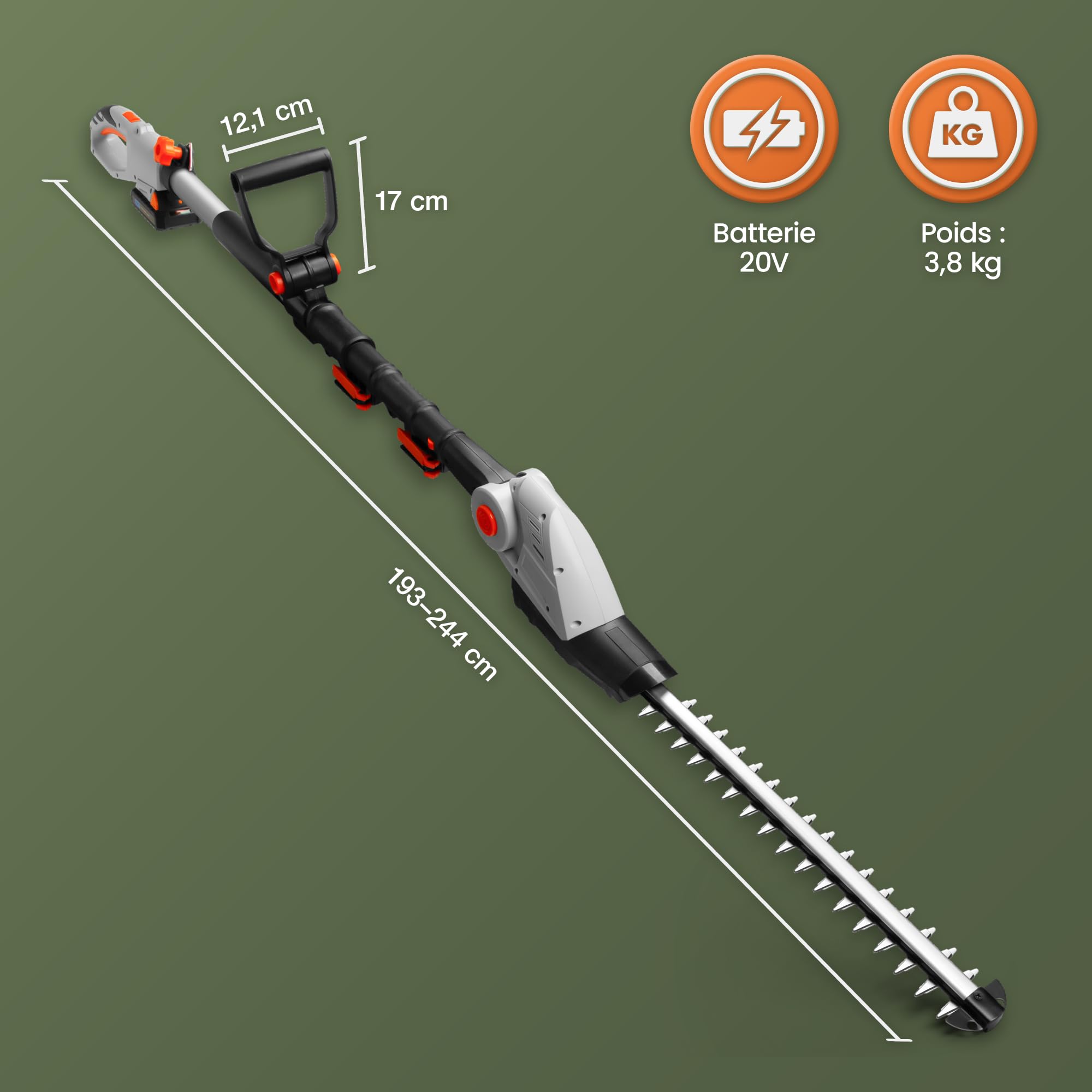VonHaus Taille Haie Telescopique avec Batterie 20 V | Taille Haie sans Fil pour Haies, Buissons, Branches, Arbustes - Chargeur, Tête Réglable à 135°, Lames à Double Action 45 cm
