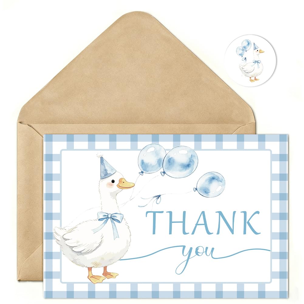 PRESSINART 30Pcs 4 x 6 Inch One Silly Goose Thank You Cards with Envelopes Stickers Blue Plaid Note Cards Coated Paper Goose Blank Greeting Notecards for Birthday Wedding Party Invitation Supplies