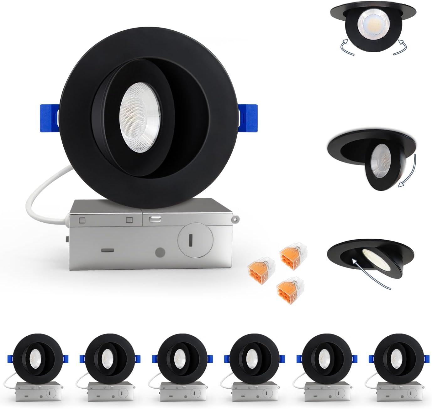 Aosclex 4 Inch 5CCT Gimbal LED Recessed Lighting with Jbox, 360°+90° Adjustable Directional Recessed Lights, 2700K-5000K Selectable, Dimmable Eyeball Canless Lights, 10W 980LM, ETL (Black, 6 Pack)