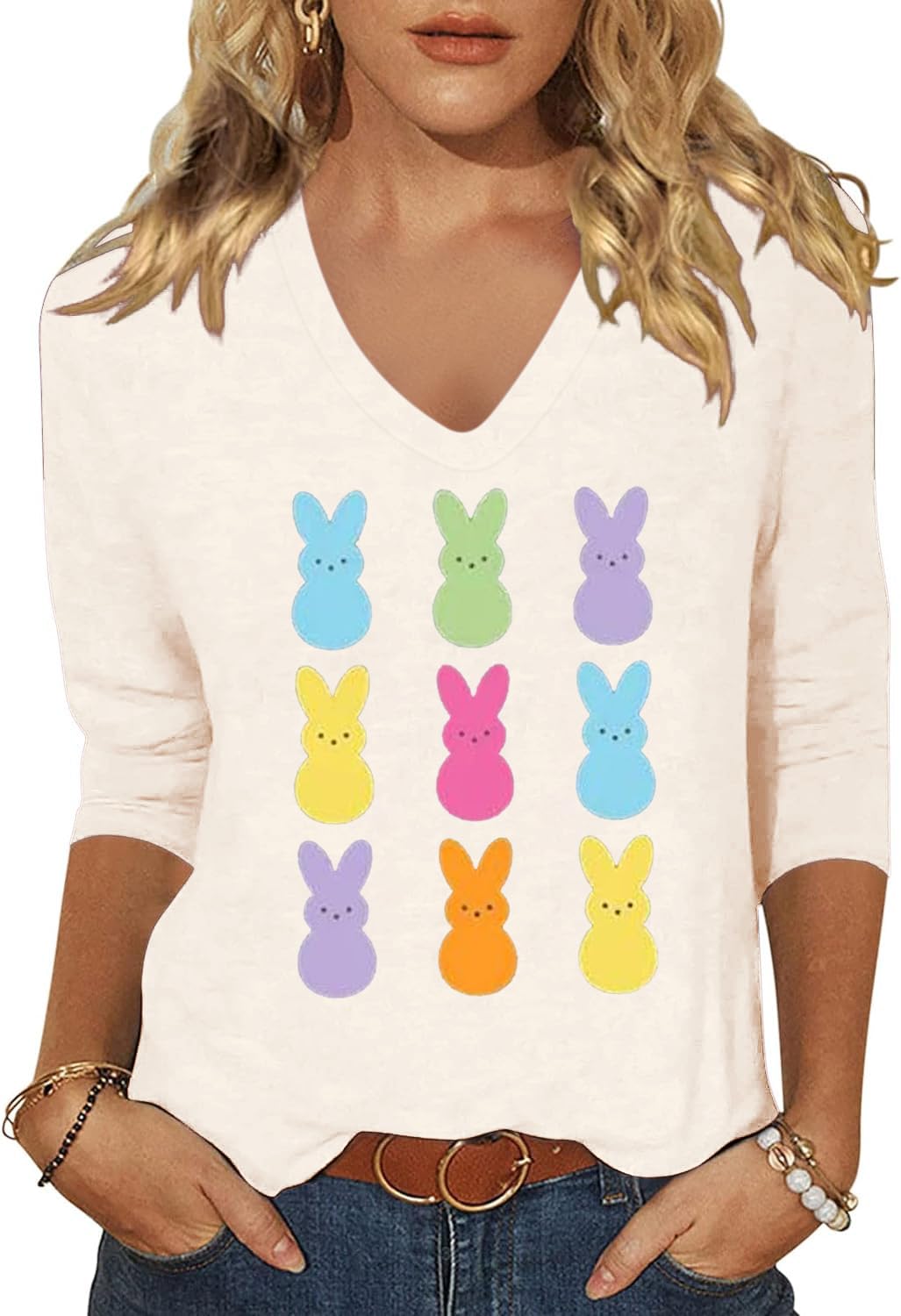 Woffccrd Womens 3/4 Sleeve V Neck T-Shirts Valentina's Day Spring Shirts Love Heart Printed Graphic Tees