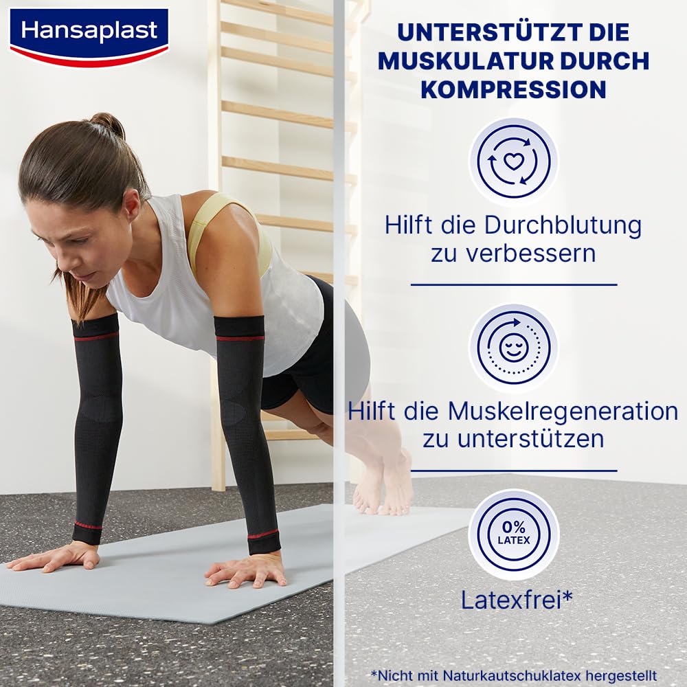 Hansaplast Sport Compression Wear Arm Sleeves, Armbandage unterstützt die Muskulatur, Ellenbogenbandage fördert mit Kompression die Muskelregenration, 1 Paar, Größe S/M