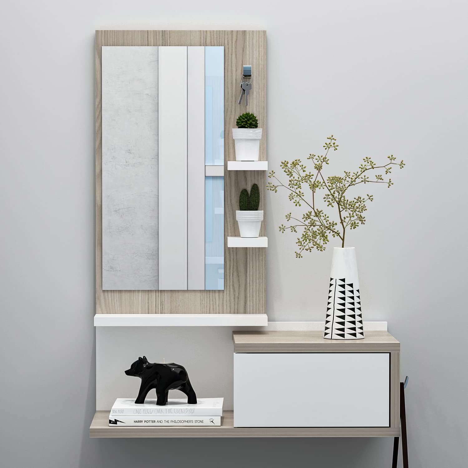 HOMIDEAENKI Hanging Hallway Furniture - Mirror Cabinet - Wall Cabinet for Entrance Area with Drawer, Mirror and Shelf in Modern Style (White/Avola)