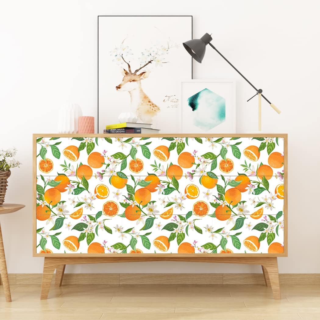 Floral Peel and Stick Wallpaper Oranges Blossoms Citrus Print Self Adhesive Wallpaper Removable Contact Paper for Living Room Cabinet DIY Decor 17.7in x 9.8ft