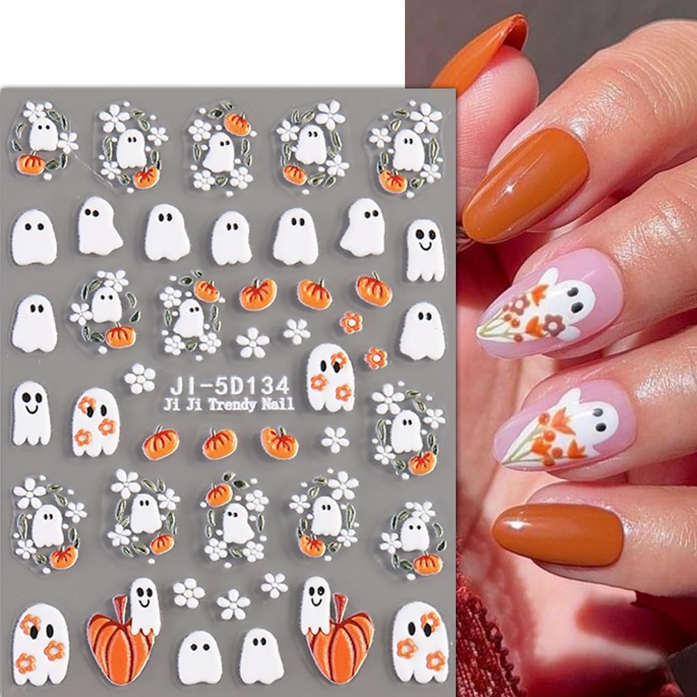Halloween Nail Stickers for Nail Art 4 Sheets 5D Embossed Cute Ghost Nail Decals Pumpkin Flower Spider Nail Design Manicure Accessories for Halloween Holiday Nail image 3