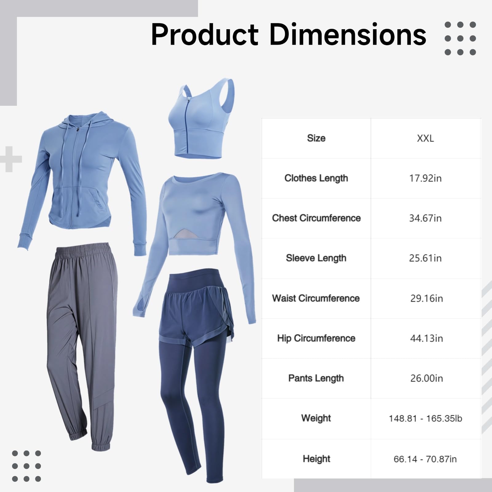 Yoga- & Fitness-Outfit-Set für Damen, atmungsaktiv, 5-teiliges Fitnessstudio-Set mit Jacke, langen Ärmeln und Shorts, dehnbares Nylon-Spandex, verschiedene Größen, Grau und Blau, Einheitsgröße