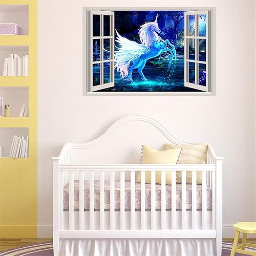 Miniatura 6 de YOWOCAL 3D falsas ventanas pegatinas de pared, diseño de unicornio de fantasía extraíble para decoración de la sala de estar de los niños, 23.6 x