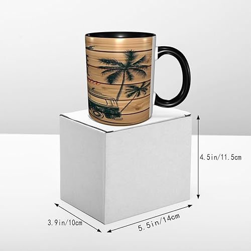 Miniatura 6 de Taza de café, tazas de porcelana para surf, minivan vintage con árboles tropicales en tablones de madera, 11 onzas, para bebidas calientes y uso