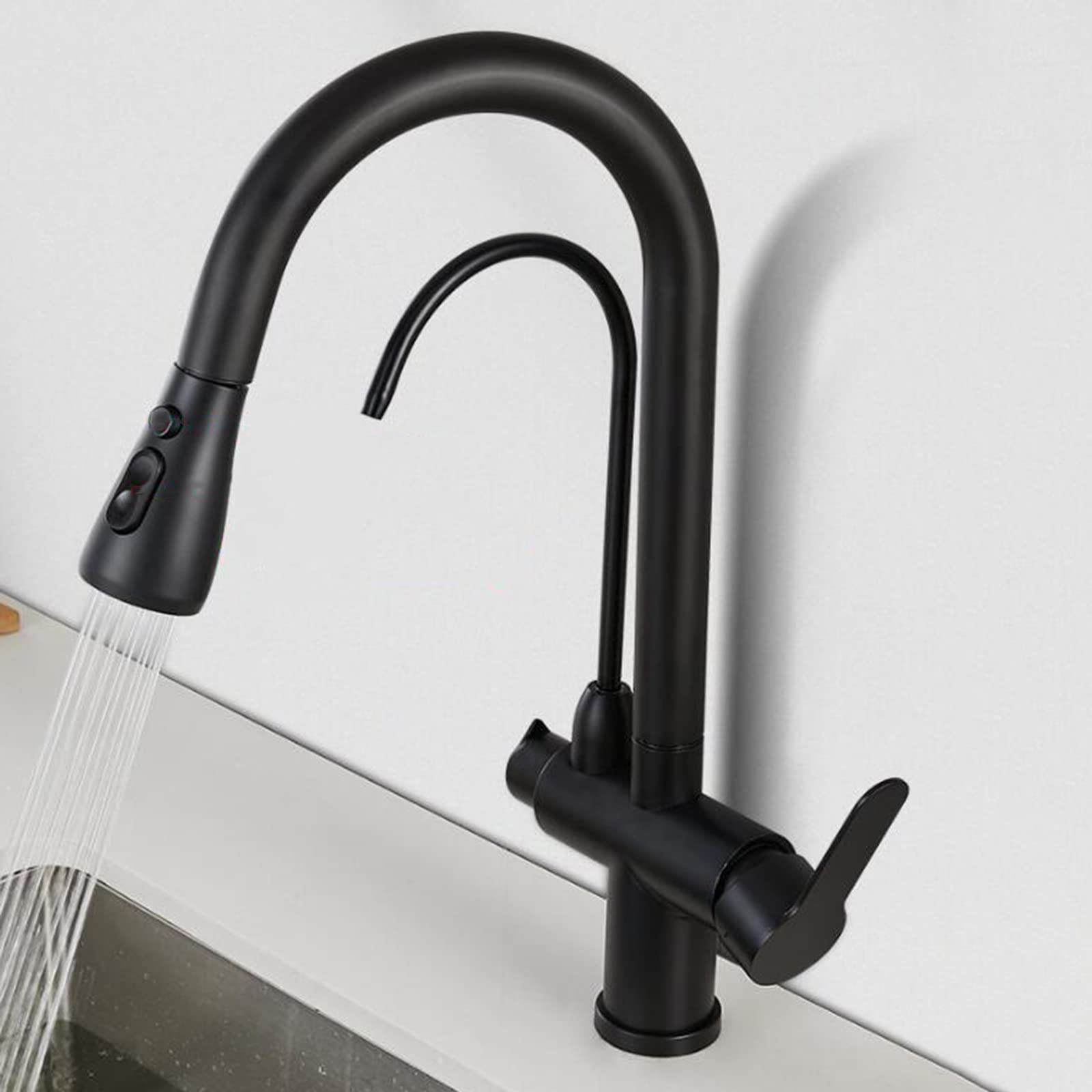 Rubinetti da cucina a 3 vie con doccetta estraibile, rubinetto da cucina Rubinetto depuratore d'acqua in acciaio inossidabile Girevole multifunzione 3 in 1 Rubinetto for lavello da cucina Nero