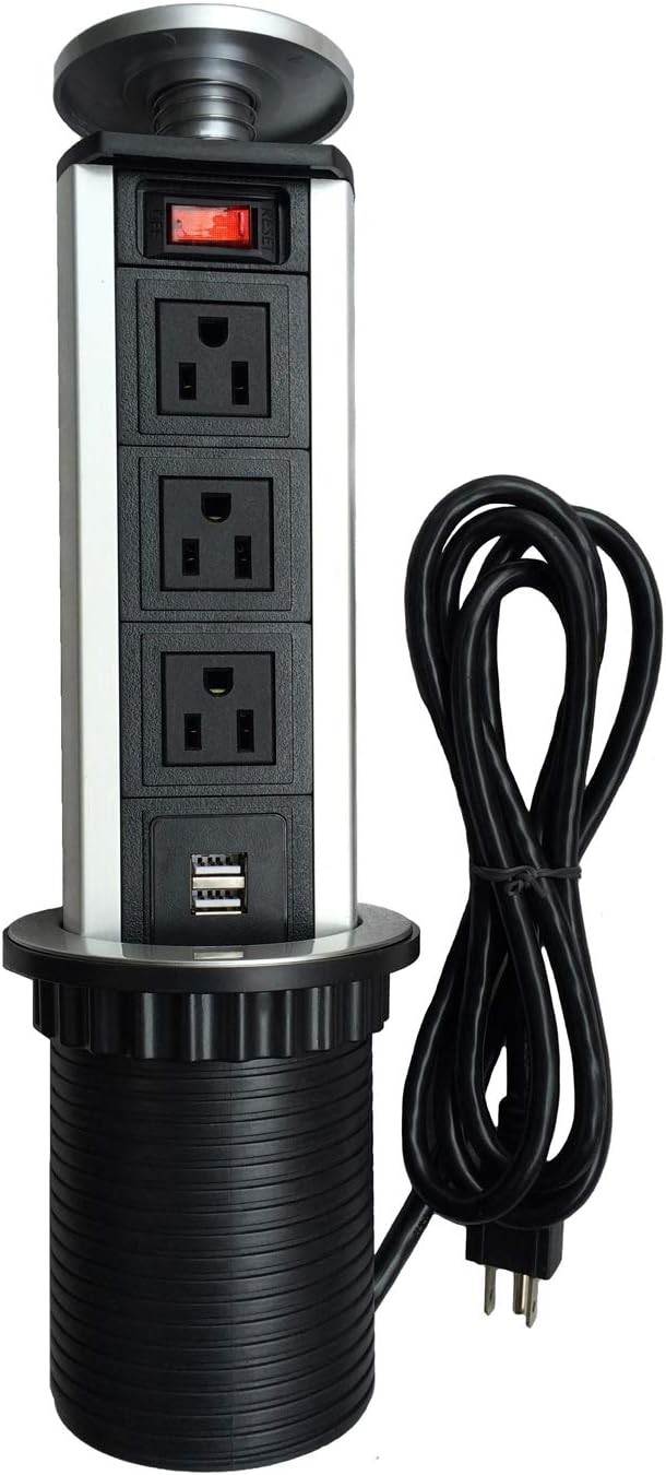 TANCH Pulling Pop up Power Outlet Safe Hidden Tabletop Socket with 3 US Jacks and 2 USB Ports and Surge Protector for Meeting room Office Home Exhibition Stand Wall.