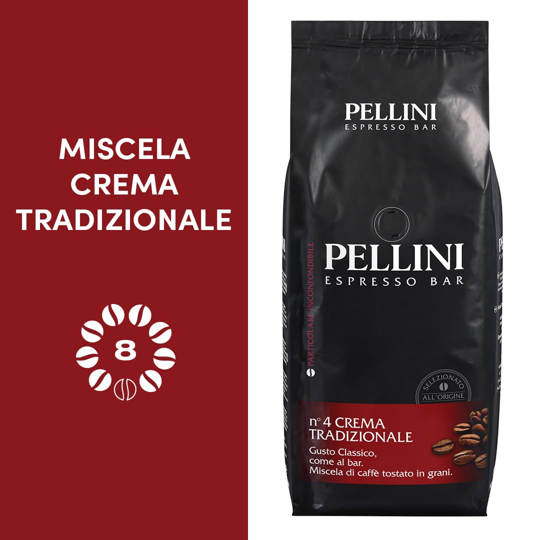 Pellini N.4 Tradizionale, Caffè in Grani per Espresso 1kg, Miscele Arabica e Robusta dal Gusto Classico, Caffè in Chicchi a Tostatura Media
