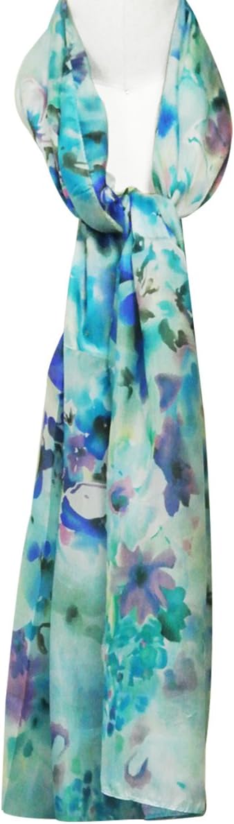 allydrew Luxurious 100% Charmeuse Silk Long Scarf, Dreamy Blue Flora