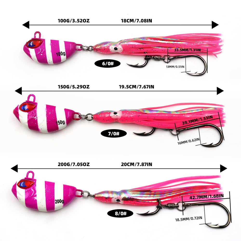 Lot de 3 leurres de pêche en mer 100 g 150 g 200 g avec appâts souples 6/0#, 7/0#, 8/0#, hameçons de ligne pour pêche en bateau, appâts coulants