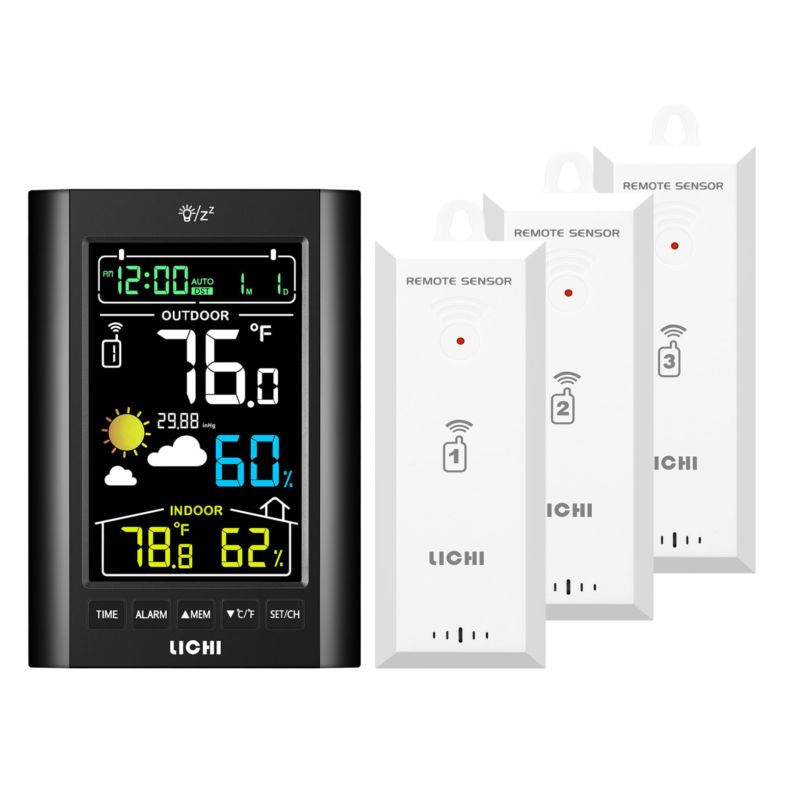 Weather Station Wireless Indoor Outdoor Thermometer， Inside Outside Temperature Humidity Monitor，with 330ft Range Sensor and Adjustable Backlight (Black with 3 Sensor)-image-29