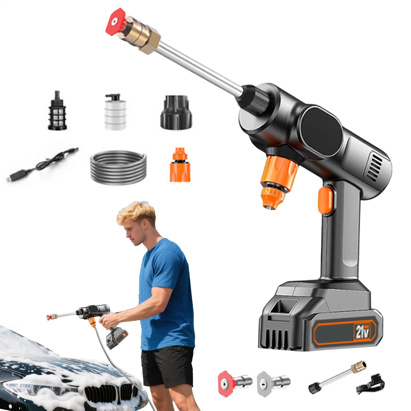 Hidrolimpiadora Eléctrica Máquina de Limpieza Sin Cable 21V | Máquina De Riego Para Jardín Para Coche Entrada Casa Terraza Patio Industrial Comercial y Exterior