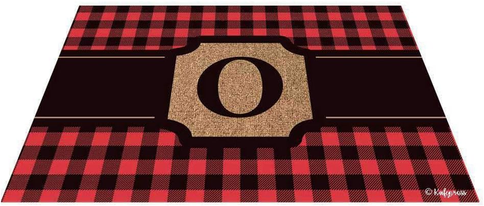 Buffalo Check Plaid Doormat Monogram Initial Letter I Red and Black Mat 27.5 x 17.7 Inch