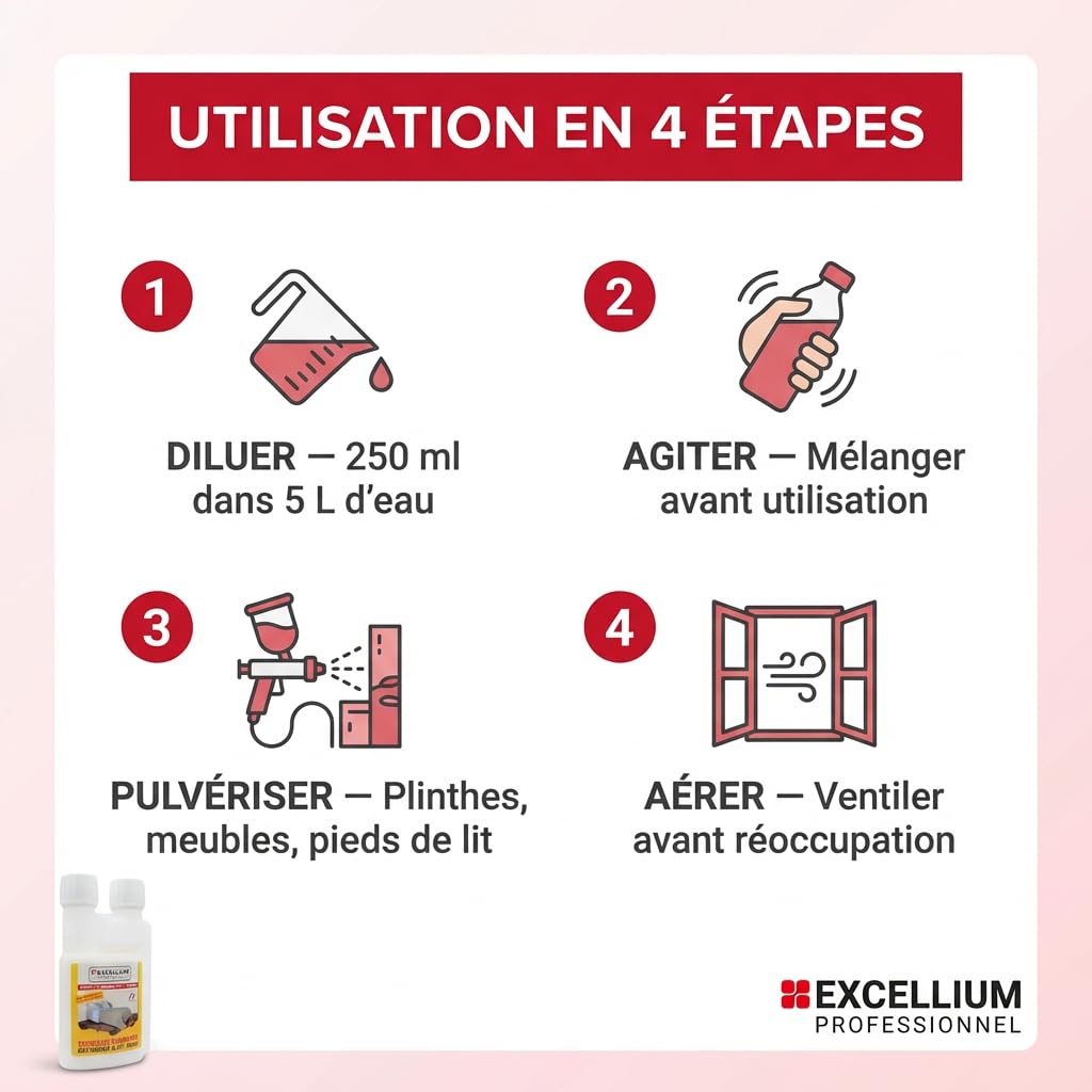 Insecticide Concentré Anti-Punaises de Lit 500ml EXCELLIUM PROFESSIONNEL | Punaises de lit et puces · Concentré à diluer · Grand format 500 ml · Flacon doseur