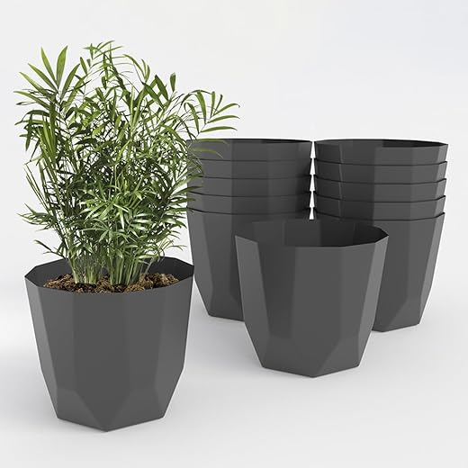 YUCCABE ITALIA SHERA Hexa Plastic Flower Pot with Drainage Holes Round Planter Pot Suitable for Indoor Outdoor Kitchen Garden (Grey, 12 INCH - 12 Pcs)
