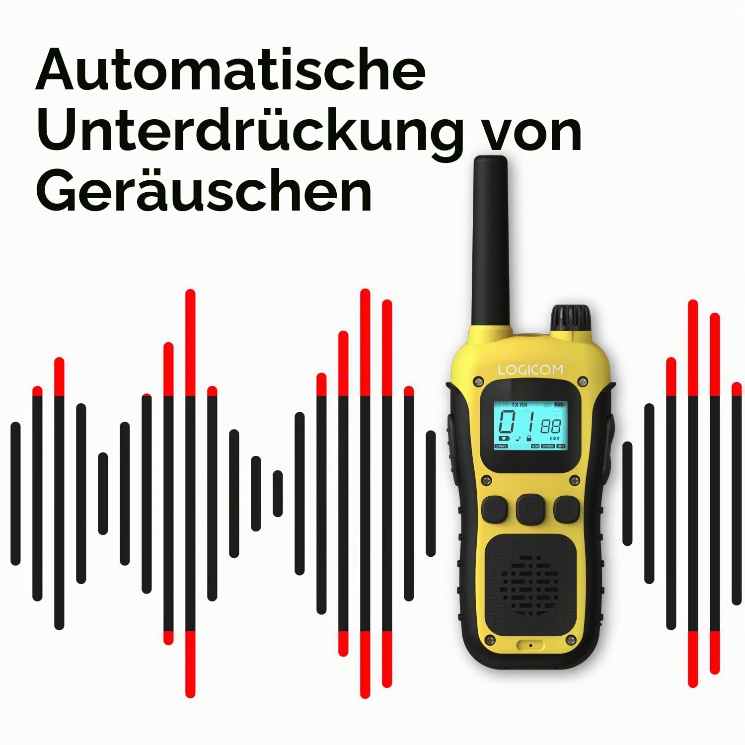 Logicom - Adventure Walkie-Talkie PMR446 IP54 Reichweite 10 km Akkulaufzeit 20h LCD-Display USB-C Taschenlampe VOX Freisprechfunktion 16 Kanäle Akku 1000 mAh 2er-Set