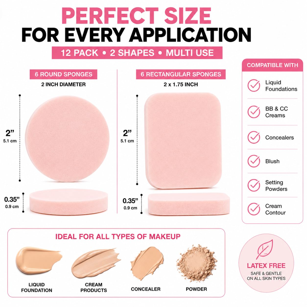 Blender Esponjas de maquillaje para belleza – Mezcla sin látex para cobertura completa en polvo, crema, cosméticos líquidos, de larga duración, desechables aplicadores de espuma – Paquete de 12