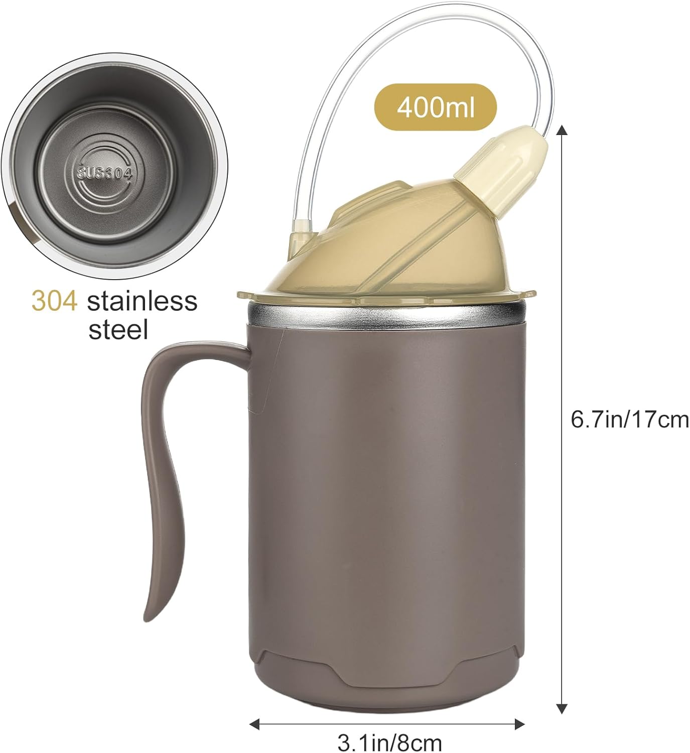 VOPHIA Senior Water Cup Sippy Cups for Elderly, 13.5oz Spill Proof Cup, 3 in 1 Stainless Steel Sippy Cup with Lids, No Spill Feeding Cups for Patient Disabled Maternity Drink Water Milk Soup (Coffee) - Image 2