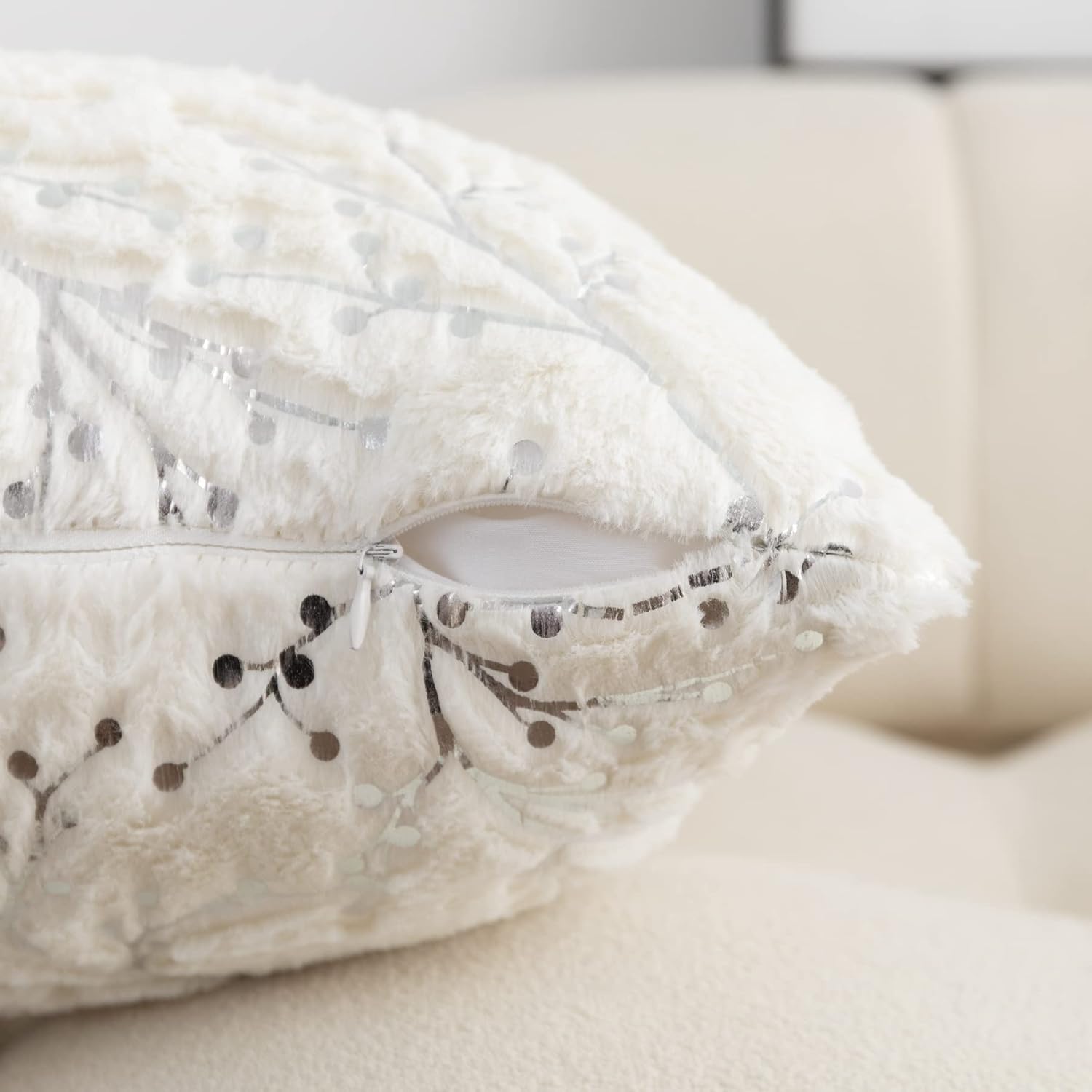 LIGICKY Set of 2 Fluffy White Faux Fur Pillow Covers Silver Branches Glitter Throw Pillows Decorative Soft Furry Sparkling Square Cushion Cases for Sofa Bedroom Party Fall Autumn Décor 18x18inch - Image 6