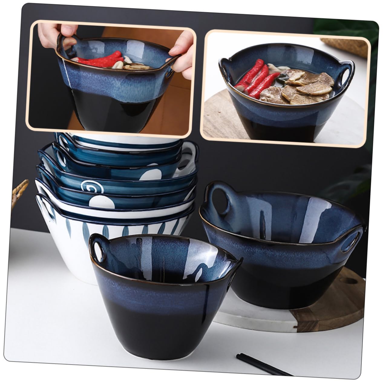 LABRIMP Tazón de Cerámica para Ramen de Doble Asa, Diseño Creativo | Color Navy, Curva Decorativa del Cuenco, Apertura Amplia, Hecho a Mano y Fácil de Limpiar