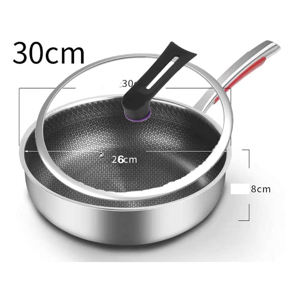 SH-chaoguo Fry Wok/Frying Pan/316 Stainless Steel Cooking Pan/Uncoated Non-Stick Pan with Lid, for Induction Cooker, Gas Stove (28/30 Cm) (Size : 30cm)