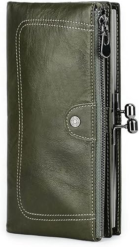 Contacts Kiss Lock Cartera de cuero con cierre de beso Bifold Rfid Carteras Tarjetero Teléfono Embrague, Verde, Vintage