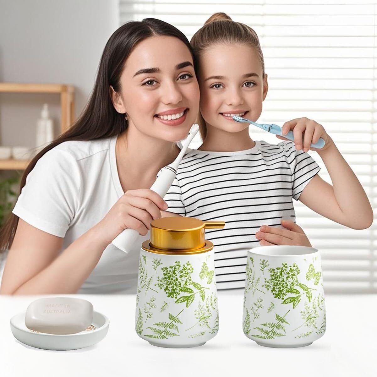 Set di accessori da bagno in ceramica con motivi vegetali, accessori con dispenser di sapone, piatto, bicchiere, decorazione per la casa, decorazione costiera (set da 3 pezzi, verde)