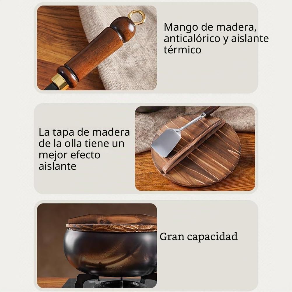 Japanese Iron Pan, 24/28cm Uncoated Iron Pans, Sartén de Hierro Antiadherente Forjada a Mano, sin Revestimiento, Sartén Grande con Tapa de Madera, para Cocinas (Tapa de madera, 24cm)