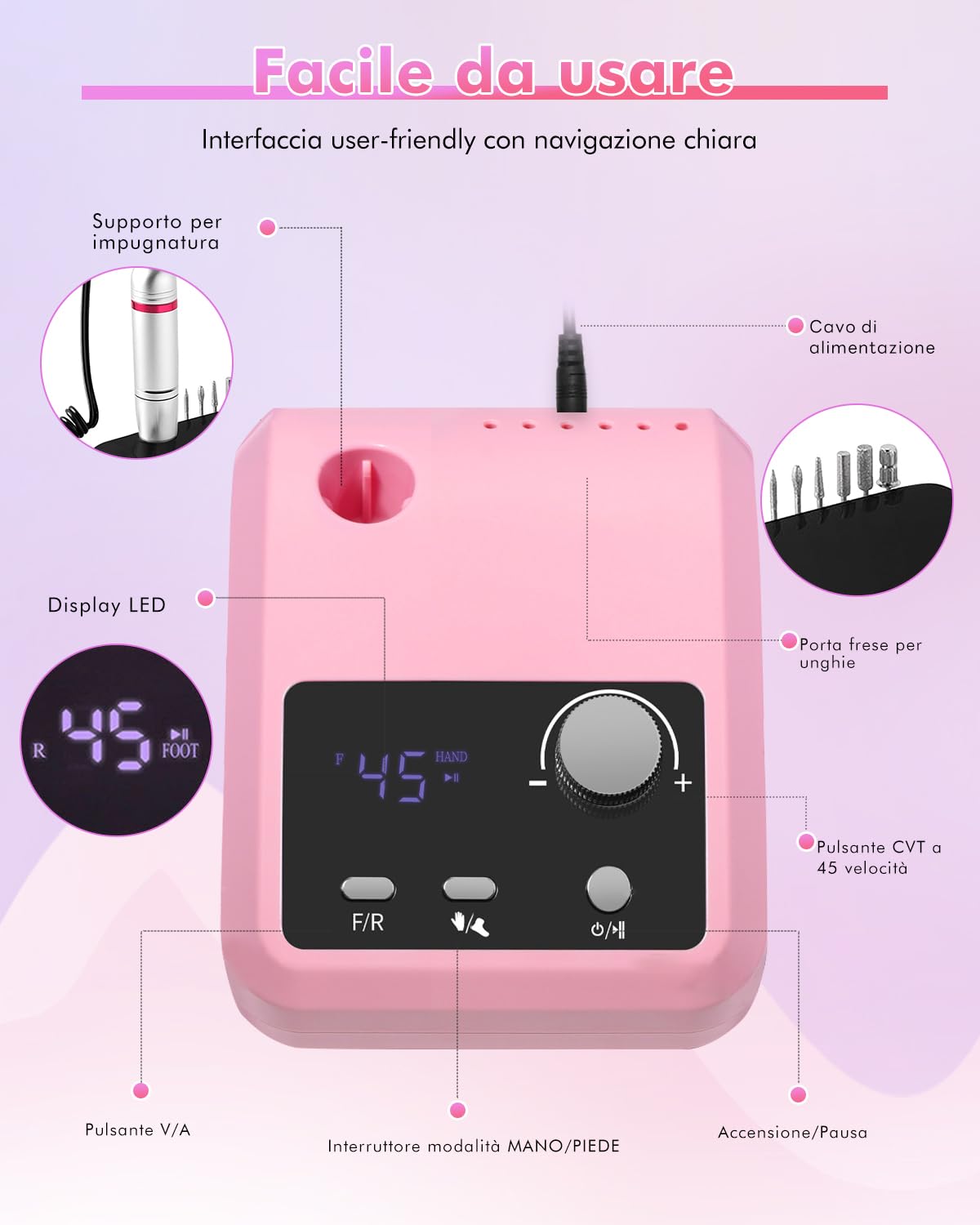 CozyZen Lima Elettrica per Unghie 45000 RPM | Display LCD, Controllo Manuale e Pedale, Silenziosa per Acrilico, Gel, Manicure e Pedicure - Uso Salone e Casa