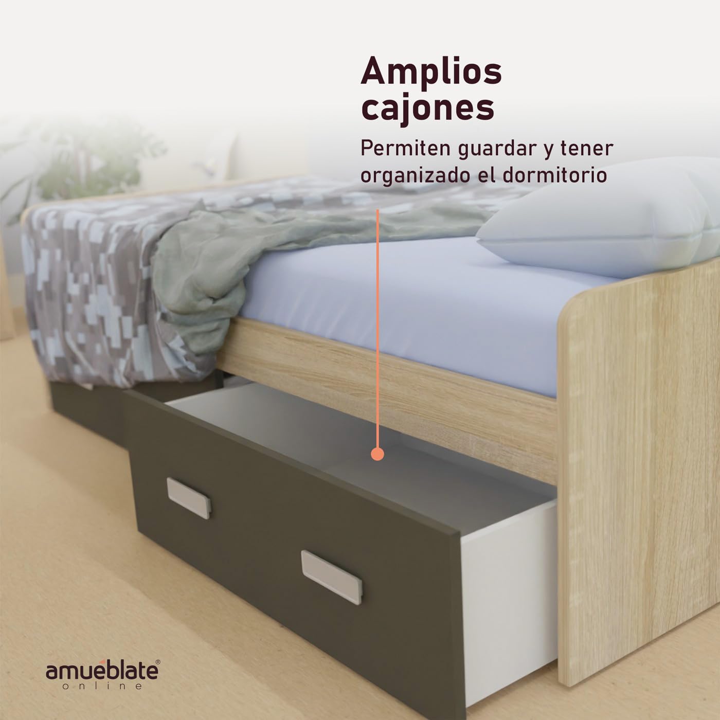 amuéblate online - Cama de Madera Reforzada con Dos cajones, Gran Estabilidad, Modelo Helsinki, Cama de 90x190, Color Puccini - Grafito