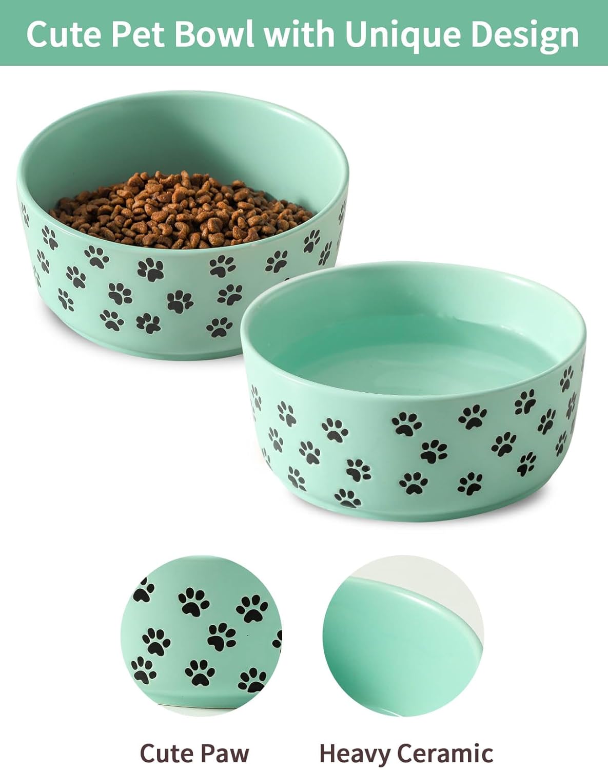 UBEE 6.5 inch Dog Bowls Set of 2, Ceramic Dog Food Water Bowl Dish with Paw Pattern, Pet Food Water Dishes Feeding for Small and Meidum Dogs and Large Cat, Green