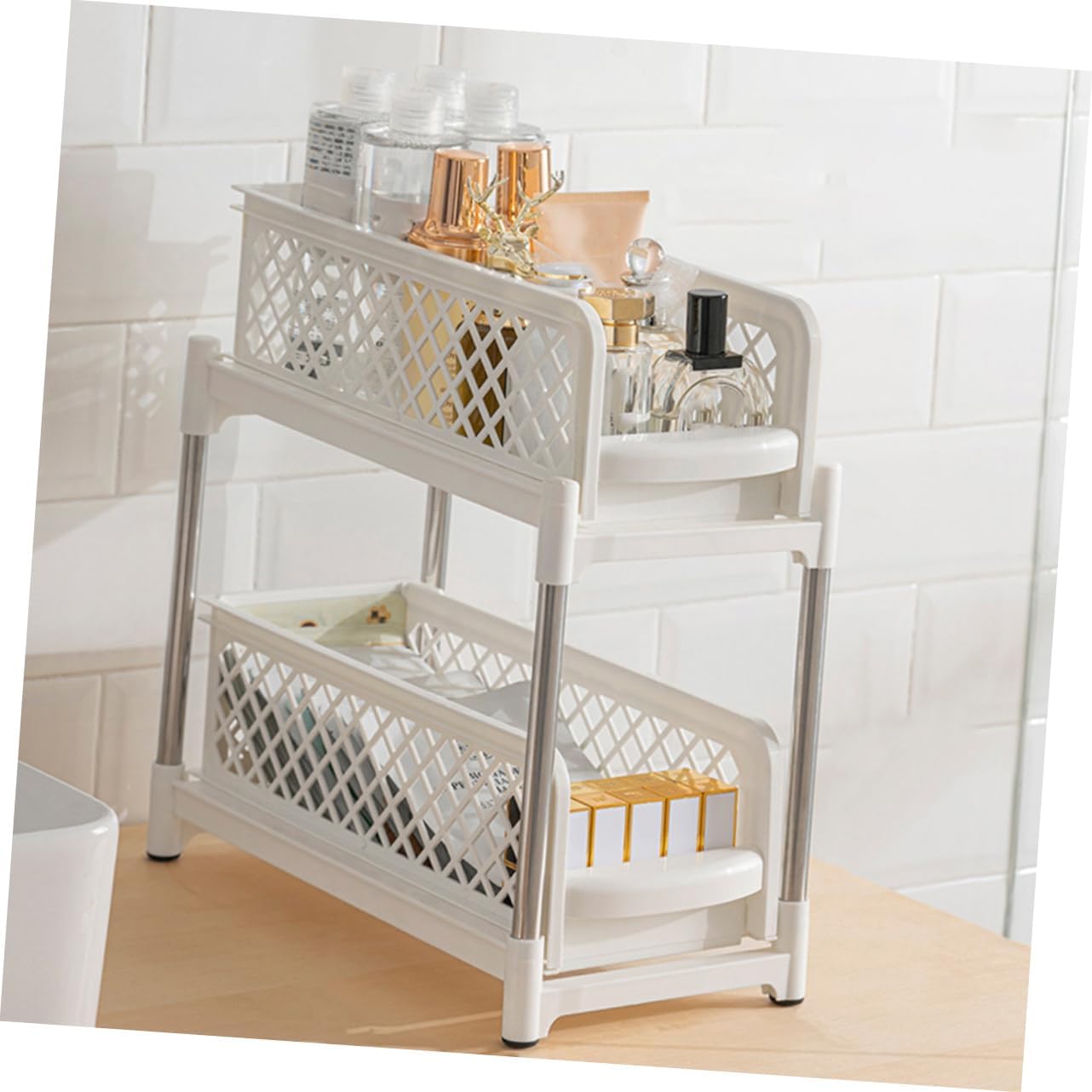 VOSAREA Double Layer Under Sink Organizer White Bathroom Shelf Adjustable Storage Trays Multi-Function Kitchen and Bathroom Organizer for Countertop Supplies