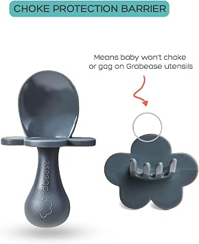 Grabease Baby Feeding Utensils Set - Ergonomic Grip for Self-Feeding - Anti-Choke Collar & Toddler Cutlery Safety - Dishwasher Safe & Travel-Ready Baby Feeding Set - Gray, Pack of 1