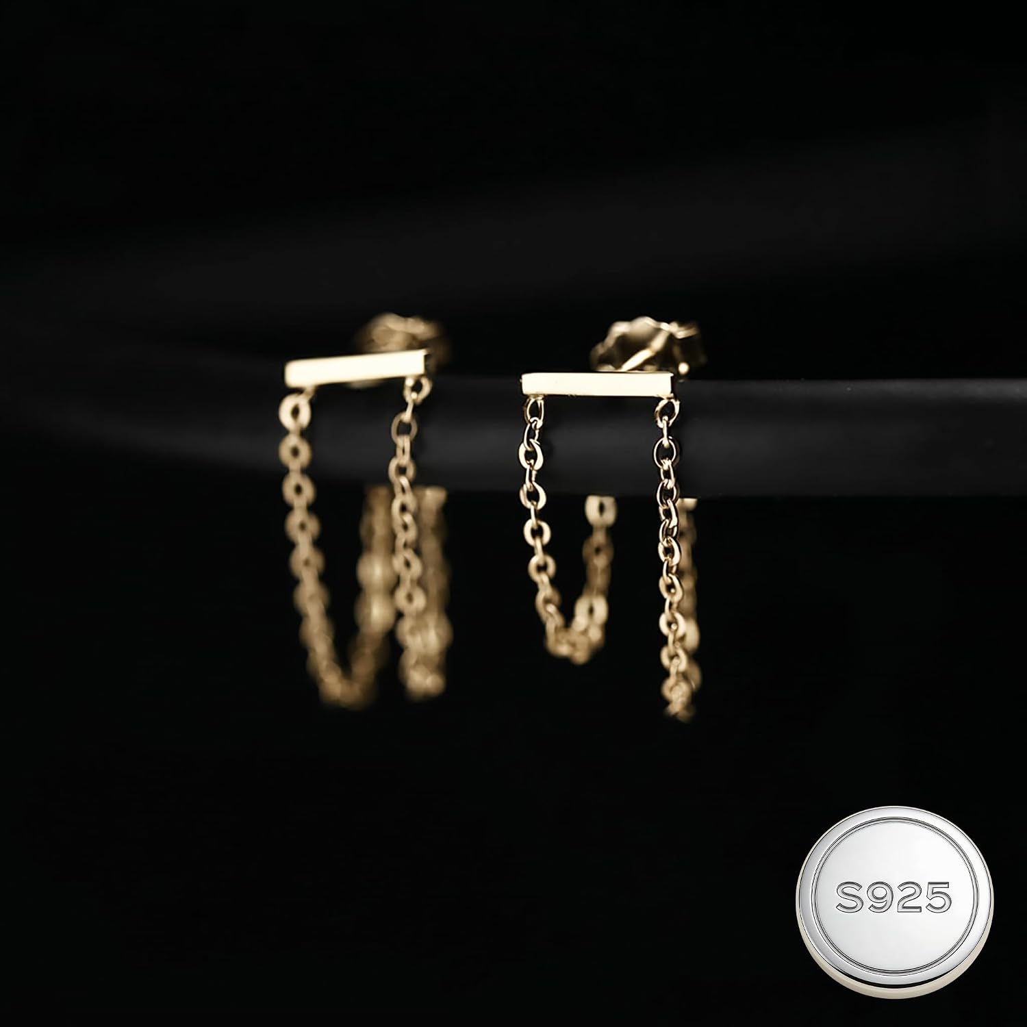 Reffeer Solid 925 Sterling Silver Bar Tassel Chain Drop Earrings for Women Teens Bar Drop Earrings Minimalist Studs