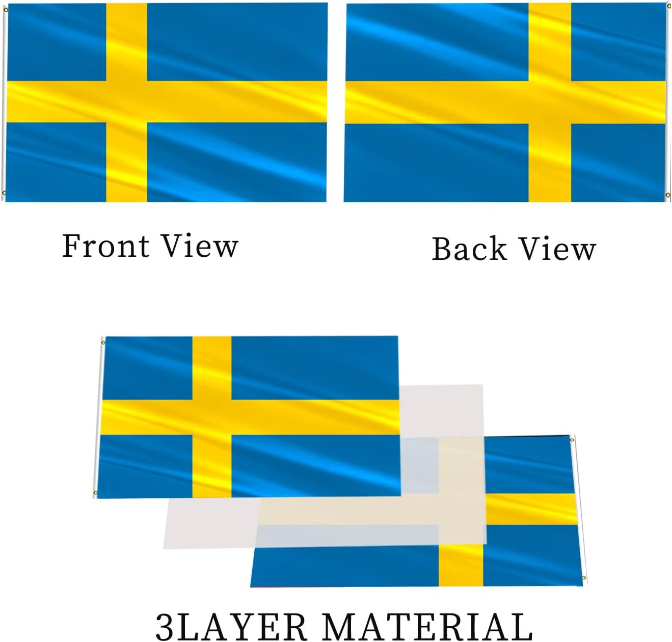 Swedish Flag 3x5 Double Sided Sweden Flags for Outdoor 3 Ply 200D Heavy Duty Polyester and Durable Canvas Header