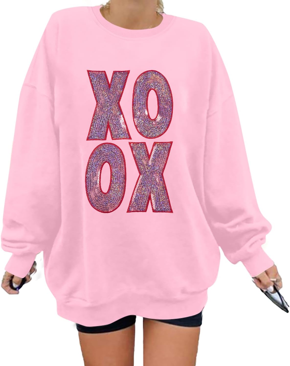 MAXIMGR Valentines Sweatshirt Women Teacher Valentine Shirts sequin Love Heart Graphic Tee Valentine's Day Gift Pullover