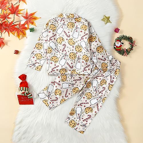 Fiacafyo Toddler Kids Baby Pajamas Set Button up Long Sleeve T-Shirt Top + Long Pants 2Pcs Sleepwear Set Xmas PJs Nightwear (R-Milk Cookie, 2-3 Years) - Image 2