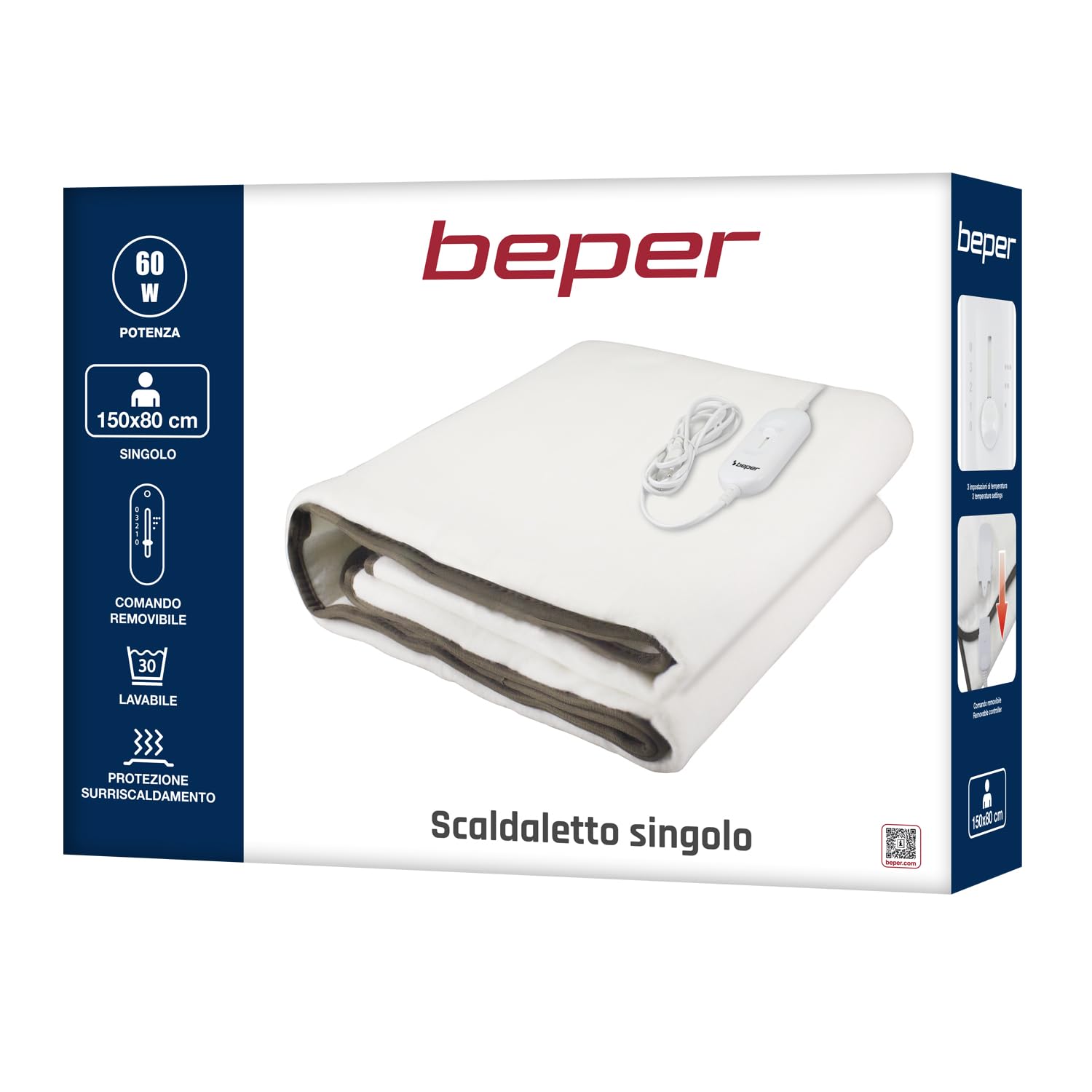 BEPER P203TFO101 Chauffe-lit électrique individuel, 150 x 80 cm, 3 niveaux de température, commande amovible, lavable en machine, arrêt automatique de sécurité.