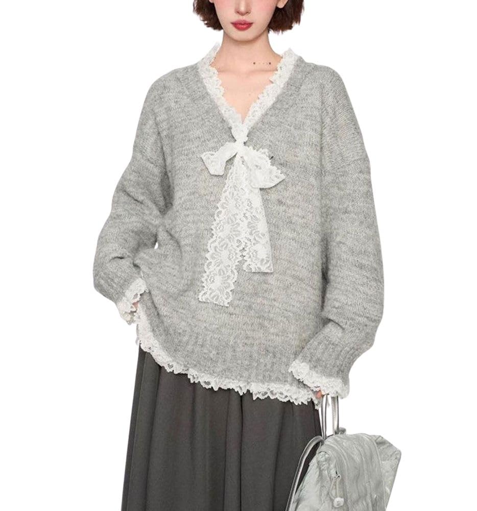 chouyatou Womens Fall Casual V Neck Sweaters Elegant Lace Trim Pullover Knitted Sweater Jumper Tops