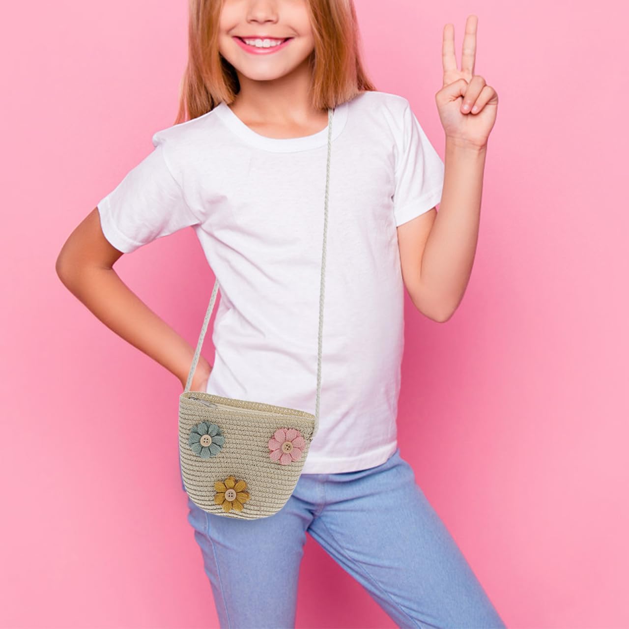 SHERCHPRY 2Pcs Little Girls Straw Crossbody Bag Handwoven Shoulder Bag for Kids Flower Decor Summer Beach Purse Woven for Storing Tissues Candies and Small Items
